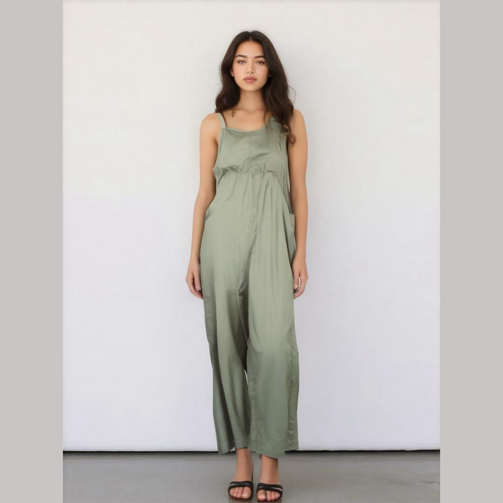LINE‎ & Dot Jumpsuit Woman's Size Large Tencel Linen Blend Green Lagenlook